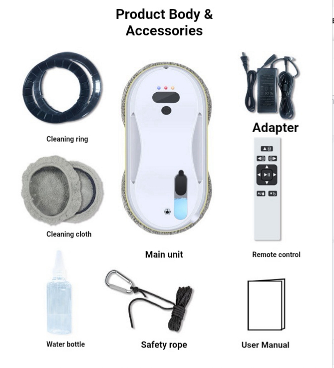 Qué incluye: robot, adaptador, anillos y paños de limpieza, control remoto, botella de agua, cuerda de seguridad y manual